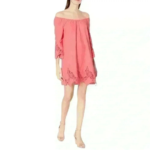 Blu Pepper Dresses & Skirts - Blu Pepper Coral Crochet-Lace off the Shoulder Dress, Size L